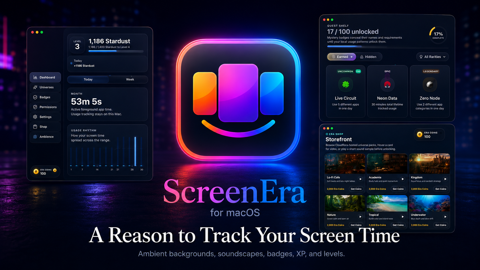 ScreenEra dashboard showing gamified screen time tracking with XP, levels, and an ambient themed world