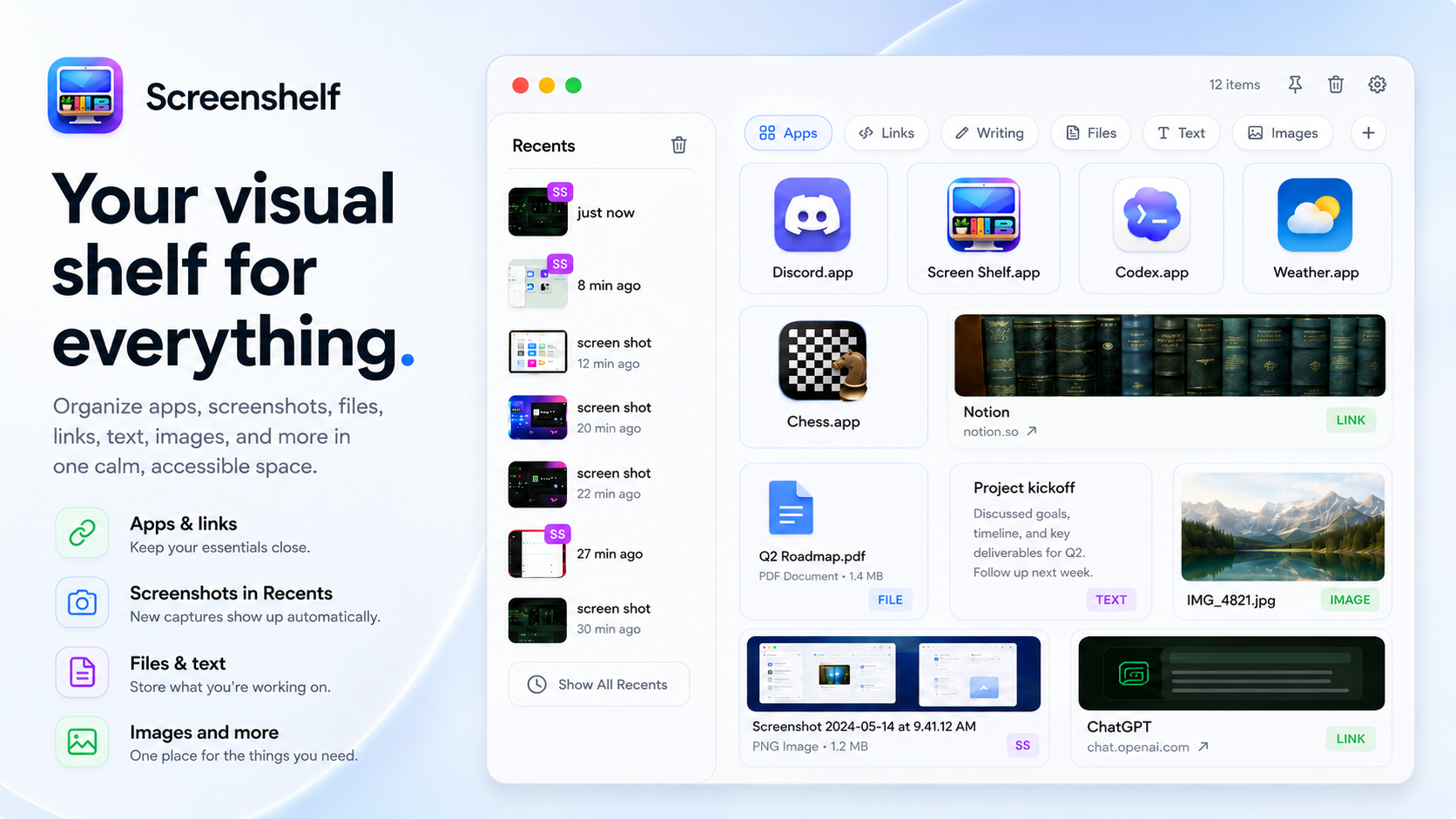ScreenShelf visual workspace shelf holding files, screenshots, links, and notes