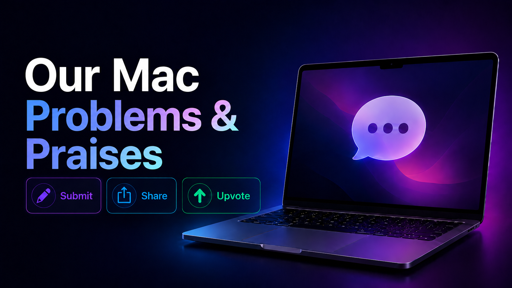 Our Mac Problems displayed beside a MacBook